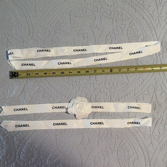 THREE Chanel Classic White Ribbons w/ Black Logo - (2) 34" + (1) 68" - Picture 2 of 6